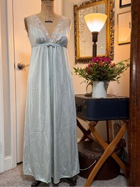 Vanity Fair Light Blue Satin Lace-Trim Nightgown